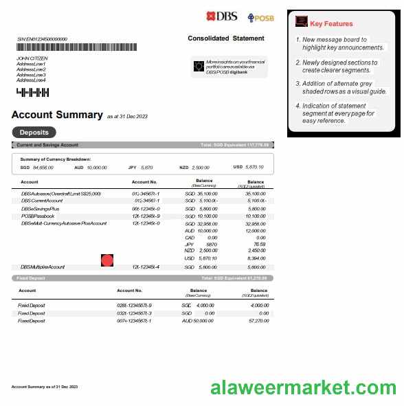 Singapore DBS bank statement Word and PDF template, version 2